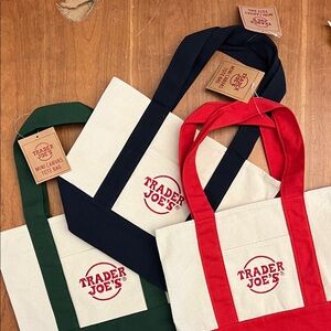NWT Trader Joe's Mini Canvas Tote Bags - Red, Green, and Navy